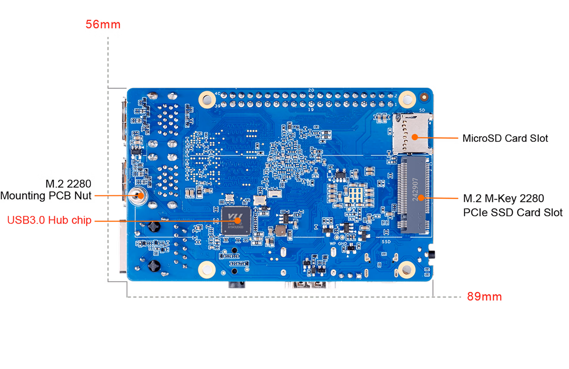 トップビュー。M.2スロットが基板の長辺いっぱいに配置されています。