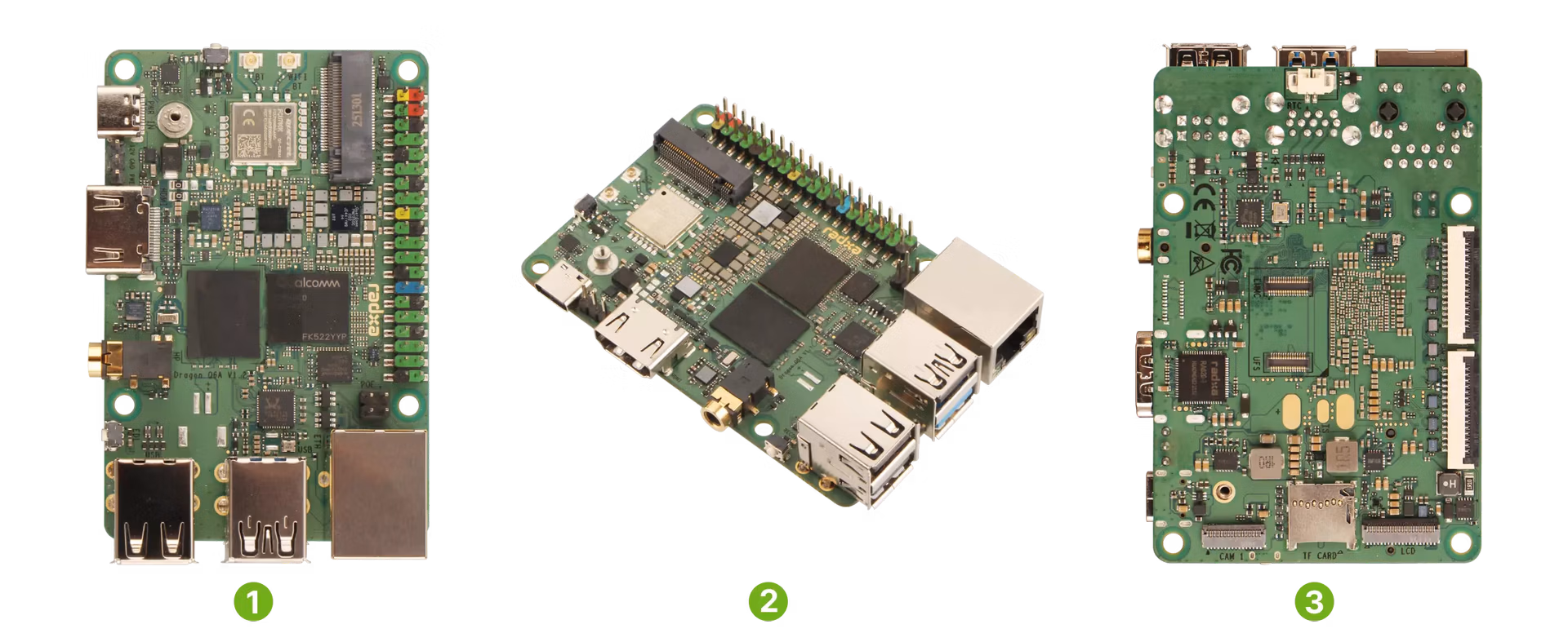 Radxa Dragon Q6A 3ビュー（Front・Side・Back）